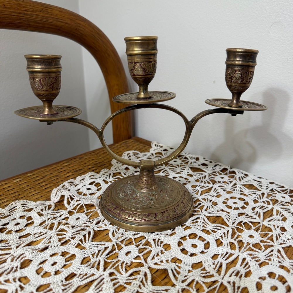 Vintage Brass Candelabra 3 Arm Engraved Floral India Candle Holder Patina